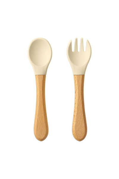 Choice 12-beach sand 2PCS Baby Learning Spoons Utensils Set Food Grade Wooden Handle Silicone Spoon Fork Cu