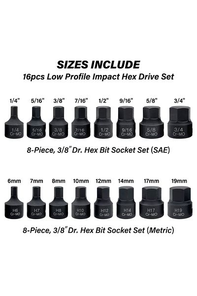 Choice 3/8 Inch Drive Low Profile Impact Hex Driver Set 16 Pcs SAE/Metric 1/4-3/4 Inch 6-19mm Cr-Mo Stee...