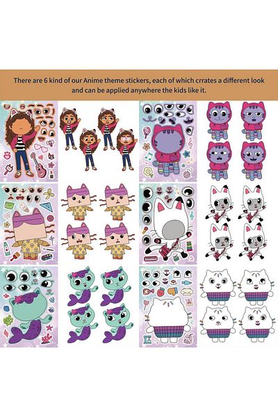 Miniso 6Sheets 6/12Sheets Gabby's Dollhouse Make A Face Puzzle Stickers Kids Make Your Own DIY Game Childre