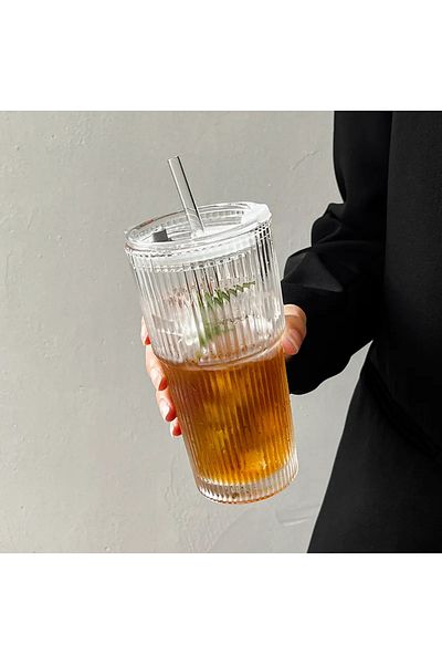 Choice 600ML 600ml 1Pcs 600ML Stripe Glass Coffee Cup With Lid and Straw Transparent Drinking Glasses for J