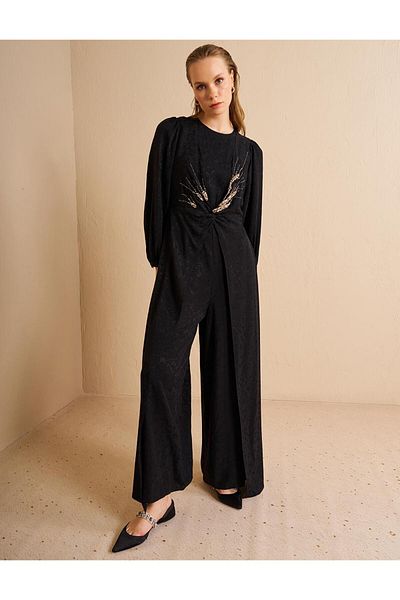 Kayra Stone Embroidered Satin Evening Dress Jumpsuit Black