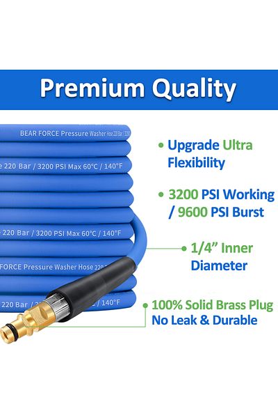 BEAR FORCE 10m/32ft Pressure Washer Replacement Hose Super Flexible Hose 3200 Psi Kink Resistant Hose For Ka...