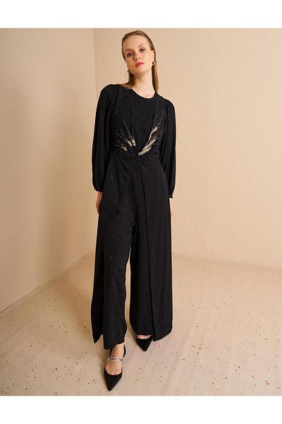 Kayra Stone Embroidered Satin Evening Dress Jumpsuit Black
