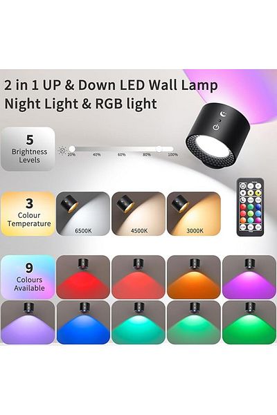 Choice 2 pieces 9 Colors 360 Rotation Wall Lamp Mounted Night Lights RGB LED Up Down Remote Rechargeable W