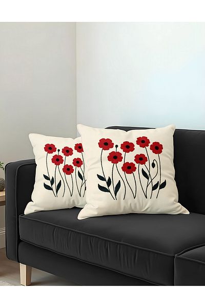 Hayal Dekoratif Punch Embroidery Patterned Heart Cream Background Digital Printed 2-Piece Throw Pillow Cover