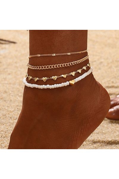 Choice CS5721101JCD 2-4pcs Vintage Gold Color Love Heart Chain Anklet Set for Women Adjustable Beads Beach