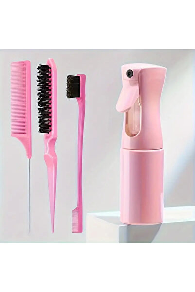 Choice مجموعة من 3 قطع باللون الوردي، مجموعة أدوات تصفيف الشعر مكونة من 4 قطع وزجاجة رش ومشط ذيل الفأر وفرشاة شعر على شكل حافة