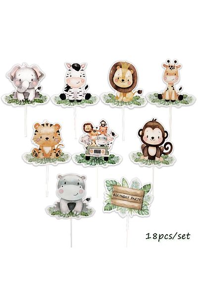 Choice 18pcs cake toppers 18pcs Carton Animal Cake Topper Forest Animal Paper Toppers for Jungle Safari Hap