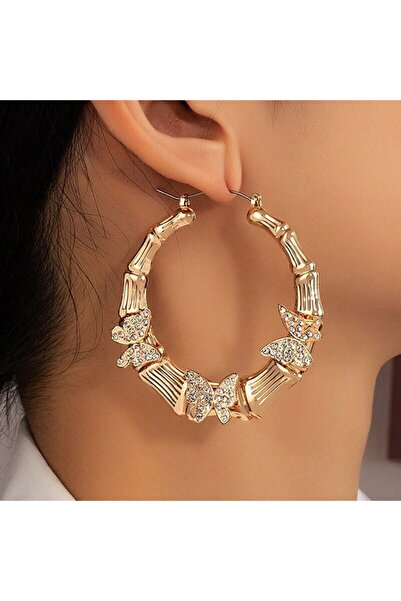 Choice أقراط دائرية من الخيزران على شكل فراشة كبيرة باللون الذهبي للنساء، مصن...