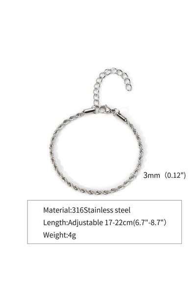 Choice سوار رجالي من الفولاذ المقاوم للصدأ بسلسلة ملتوية فضية 3 مم، 17 سم، سو...