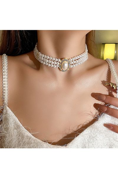 Choice HN995-1 Multilayer Pearl Choker Necklaces for Women Short Geometric Crystal Chokers Necklace Vintage