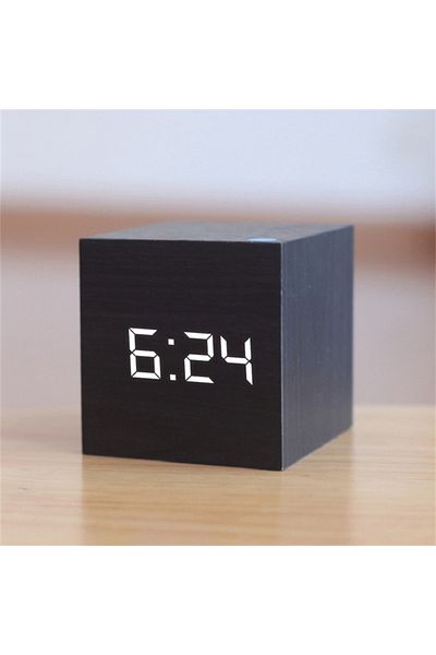 Choice black Square Digital LED Alarm Clock Wood Retro Glow Clock Desktop Table Decor Voice Control Snooze