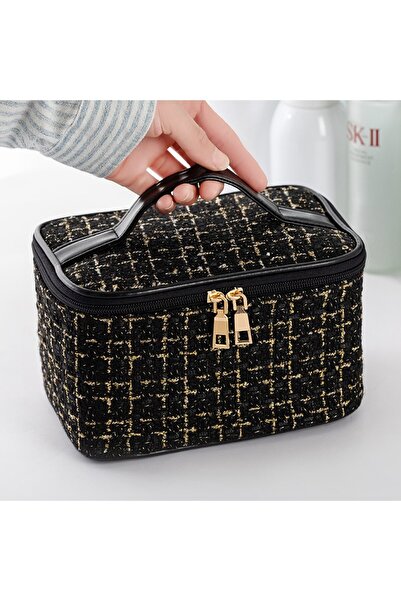 Choice حقيبة مستحضرات تجميل سوداء أنيقة بسعة كبيرة محمولة حقيبة يد منسوجة لتخ...