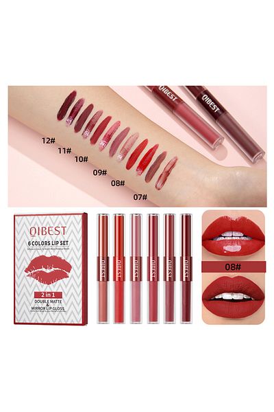 QIBEST 2-in-1 dual head lip gloss waterproof non stick cup non fading lipstick set B
