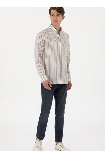 U.S. Polo Assn. Πόλο Ασν. Ανδρικό πουκάμισο με κανονική εφαρμογή γιακά καφέ GEPIEZ