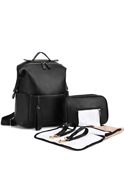 Choice حقائب حفاضات جلدية سوداء متعددة الوظائف وحقائب أطفال بسعة كبيرة للعناية بالطفل وحقائب تغيير للأم