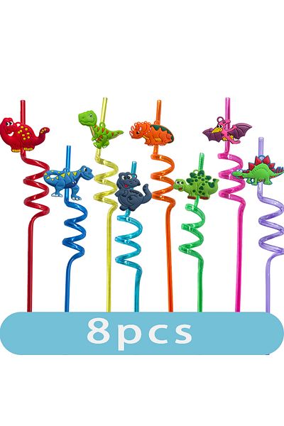 Choice 8PCS 8 Styles Reusable Dinosaur Straws Party Decoration for Kids Safari Jungle Dinosaur Theme Straws