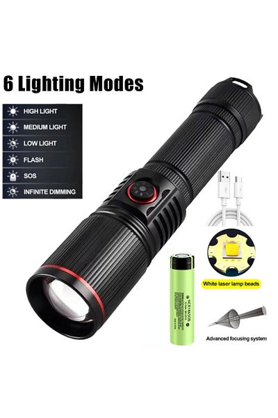 JONCELY With 18650 Battery Powerful White Laser Led Flashlights USB Rechargeable Zoom 18650 Battery Hand Lig
