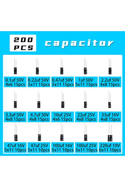 Choice 200 قطعة 200 قطعة/مجموعة مجموعة متنوعة من المكثفات الكهربية - 15 قيمة (10 فولت، 16 فولت، 25 فولت، 50 فولت) 0.1 ميكروفاراد-220 ميكروفاراد