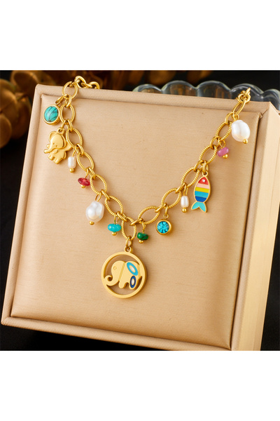 Choice قلادة نسائية من الفولاذ المقاوم للصدأ 316L من DIEYURO N2939 على شكل سمكة صغيرة مرصعة باللؤلؤ الفيروزي على شكل فيل