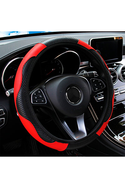 Choice غطاء عجلة قيادة السيارة من ألياف الكربون الحمراء والجلد الصناعي المرن ...