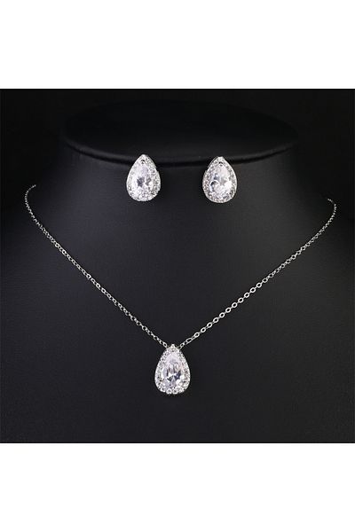 Choice White 2pcs ZAKOL Classic Water Drop Zirconia Wedding Jewelry Set for Women Shiny AAA Cubic Zircon Ea