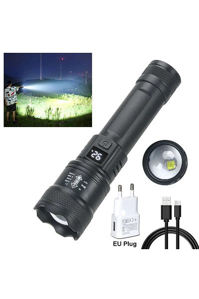 XIWANGFIRE black ZOOM with EU Plug Built in battery High Strong Power Led Flashlights 2000LM Tactical Torch wit