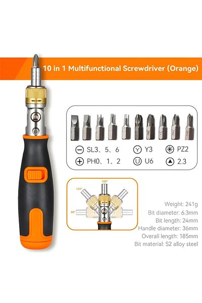 Choice Orange 10 in 1 Multi-angle Bidirectional Ratchet Screwdriver Adjustable Angle Hidden Bit Magazine Po
