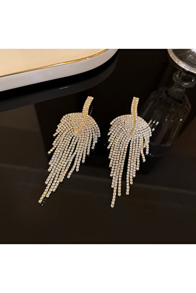 Choice أقراط متدلية طويلة من حجر الراين باللون الذهبي على شكل أوراق ذهبية للن...