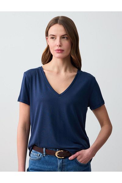 Jimmy Key Navy Blue V-Neck Short Sleeve Knitted Modal T-Shirt