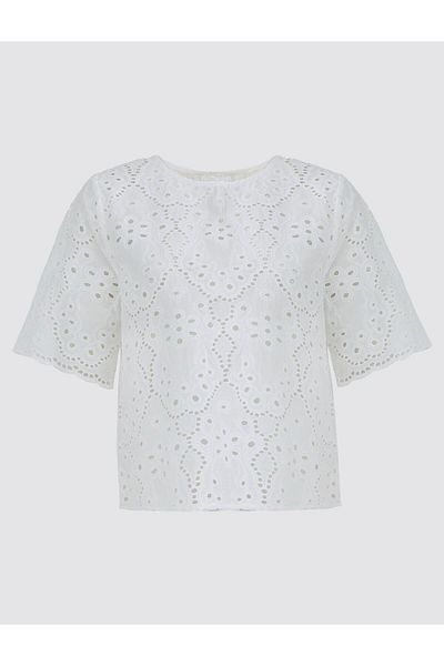 Jimmy Key White Relaxed Cut Openwork Round Neck Cotton Blouse