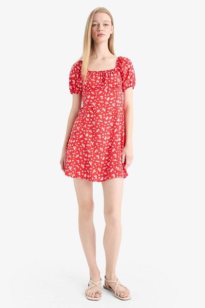 DeFacto Coool Square Neck Patterned Viscose Short Sleeve Mini Dress E0873Ax25Sp