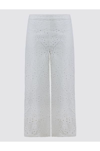 Jimmy Key White Relaxed Cut High Waist Loose Wide Leg Openwork Cotton Trousers