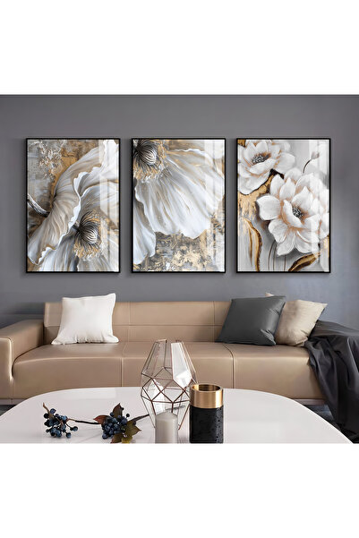 Harika bir ev HARİKABİREV|KREM-GOLD RENK SOYUT ÇİÇEK SET (PAFRI) |ÇERÇEVELİ C...