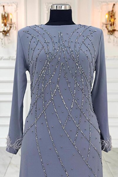 TRENDTESETTÜR Women's Gray Beaded Embroidered Evening Dress t 8953