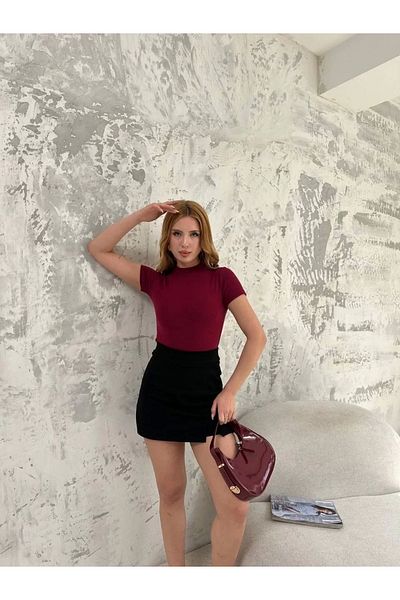 CanselButik Women's Short Sleeve Badi Blouse - Burgundy