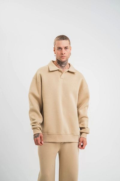 Bay Şapkacı Unisex Double Oversize Placket Collar Sweatshirt - Beige