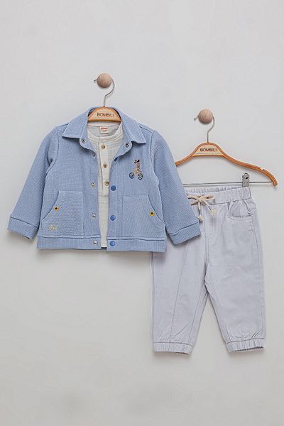 Bombili Embroidery Detailed Jacket and Elastic Waist Pants 3 Piece Baby Boy Suit