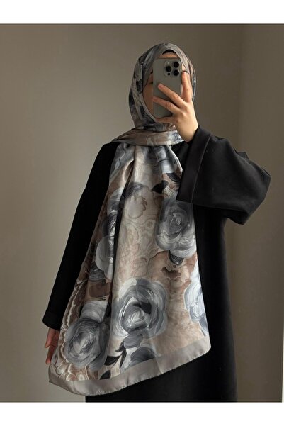 Qalortex Scarf Şal din bumbac cu model trandafir-gri/ nurcă