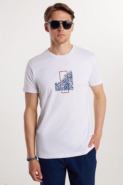 Tudors Ανδρικό T-shirt Slim Fit Slim Fit 100% βαμβακερό τυπωμένο λευκό μπλουζάκι με λαιμόκοψη