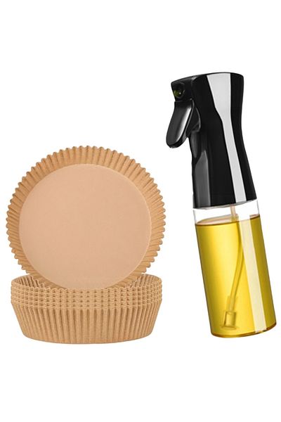 Uonel Set de 100 de hârtie pentru friteuza cu aer și pulverizator, plastic, maro/negru/transparent
