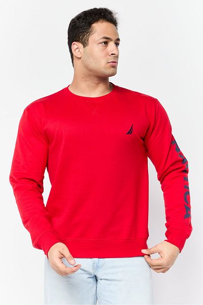 Nautica Men Crew Neck Embroidered Logo Long Sleeves Sweatshirt, Red