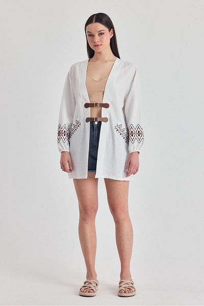 Rays White Leather Belt Detailed Ethnic Patterned Kimono 4363A