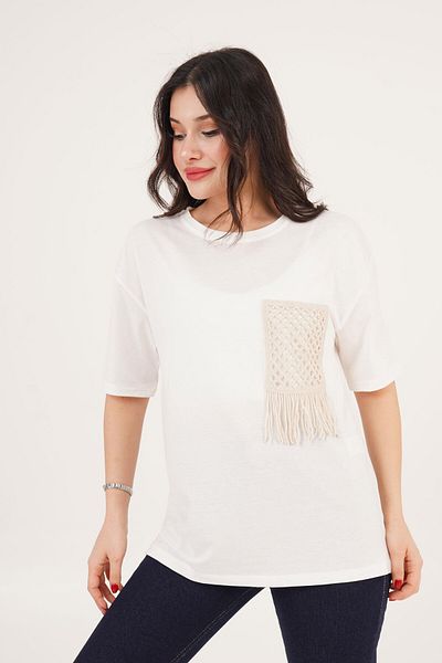 Hipo Trend Basic Ecru T-Shirt with Pocket Knit Detail