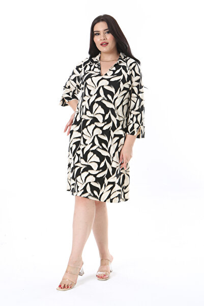 Şans Plus Size Lycra Viscose φόρεμα - Πολύχρωμο V-λαιμόκοψη και πλαϊνή τσέπη 65n38205