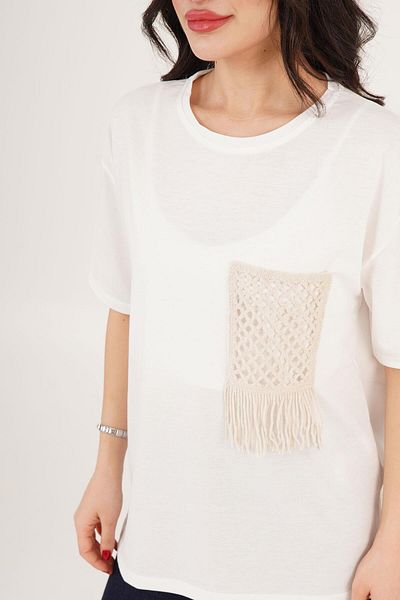 Hipo Trend Basic Ecru T-Shirt with Pocket Knit Detail