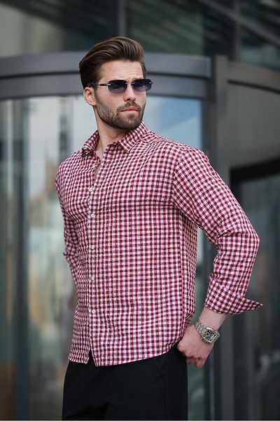 Madmext Ανδρικό πουκάμισο μακρυμάνικο μπορντό Gingham E6763