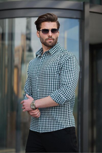 Madmext Πράσινο Gingham Μακρυμάνικο Ανδρικό Πουκάμισο E6763