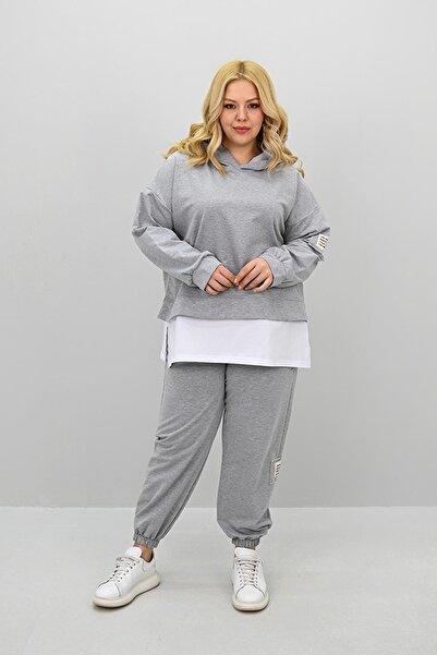 Koza Butik Women's Large Size Long Sleeve Hooded Rubber Leg Sweatpants Set 8180-25