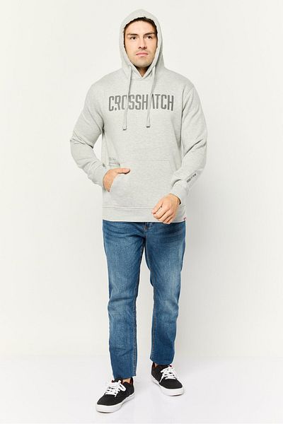 Crosshatch Men Hooded Brand Logo Long Sleeves Sweatshirt, Grey